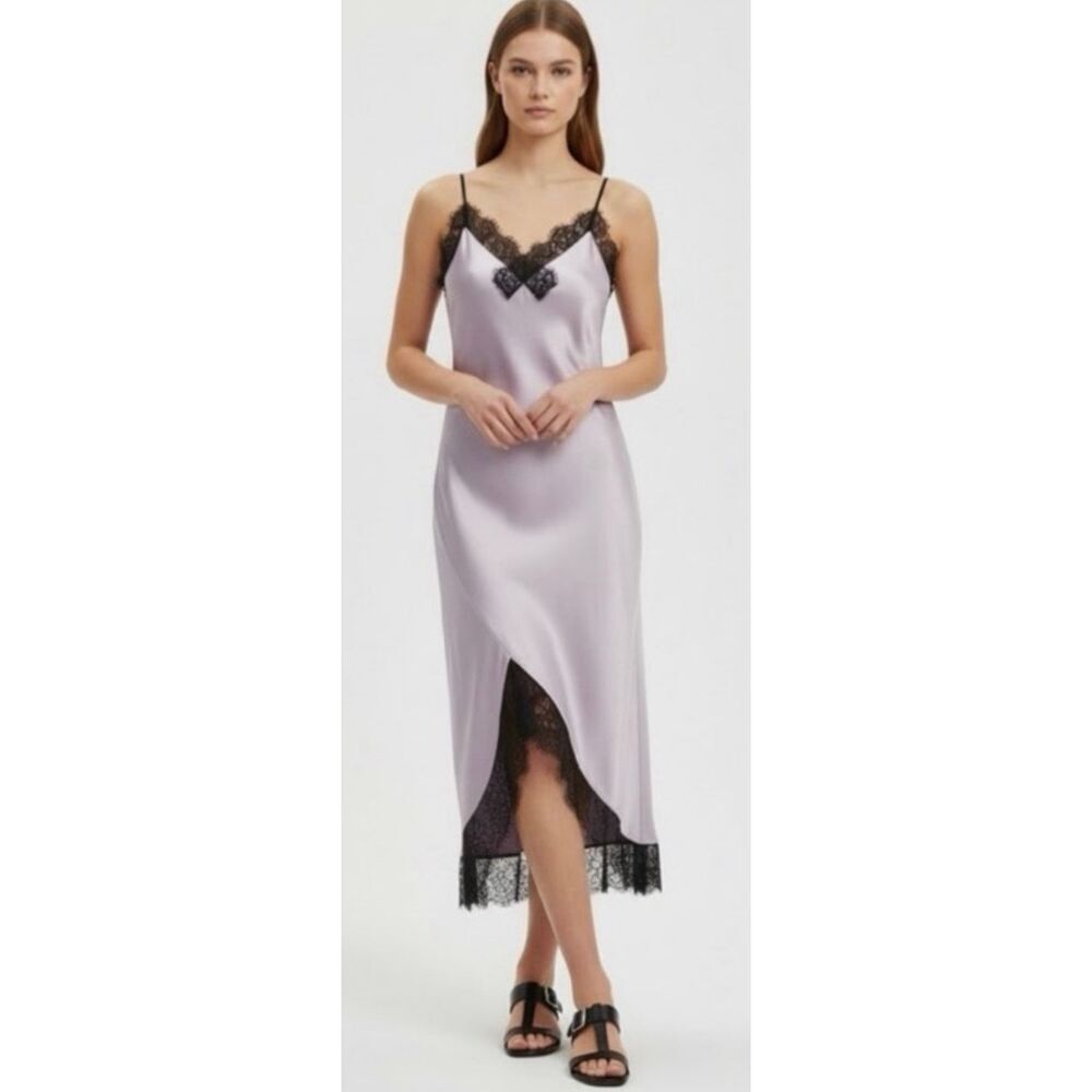 All Saints Praia Satin Lace-Trimmed Slip MIDI Dress in Violet/Black Lace NWT Siz